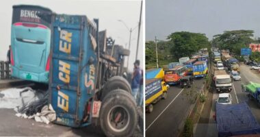 মেঘনা সেতুতে রড বোঝাই ট্রাক উল্টে ঢাকা-চট্রগ্রাম মহাসড়কে দীর্ঘ যানজট