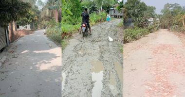 এক প্রান্তে পাকা আরেক প্রান্তে ইটের সলিং মাঝখানে ৩০০ মিটার কাঁচা রাস্তা যেন ভোগান্তি