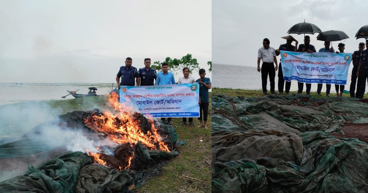 বড়লেখায় হাওড় অঞ্চলে অভিযান চালিয়ে অবৈধ জাল পুড়িয়ে ধ্বংস