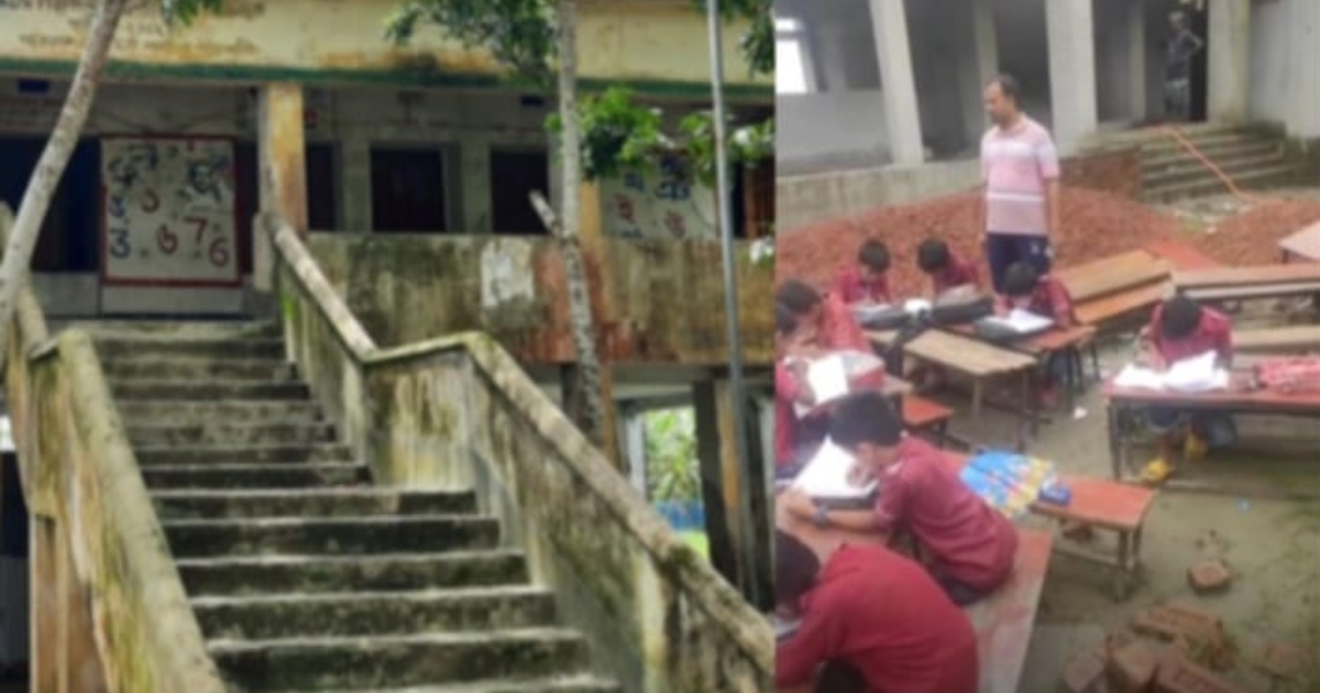 ঝুঁকিপূর্ণ ভবনে পাঠদান, মাঠেই চলছে শিশুদের ক্লাস
