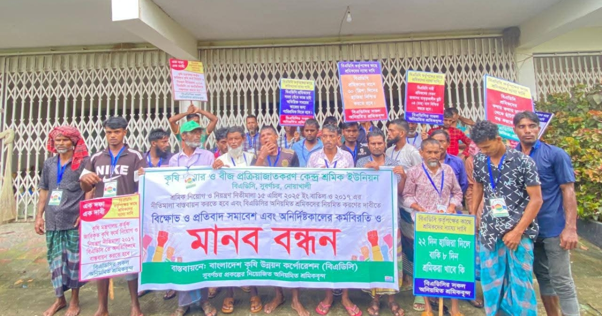 সুবর্ণচরে বিএডিসি বীজ উৎপাদন খামারে শ্রমিকদের কর্মবিরতি