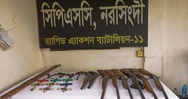 নরসিংদীর রায়পুরায় র‍্যাব এর অভিযানে বিপুল পরিমাণ অস্ত্র উদ্ধার