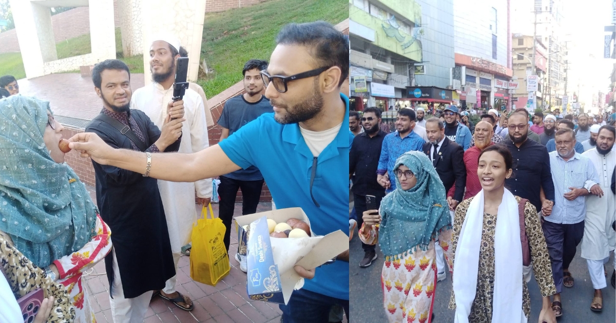 শেখ হাসিনার ফাসির রায় হওয়াতে, সিলেটে কেন্দ্রীয় শহীদ মিনার প্রাঙ্গণে ছাত্র জনতার মিষ্টি বিতরণ