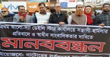 প্রথমআলো ও ডেইলি স্টারের কার্যালয়ে হামলার প্রতিবাদে নাটোরে সাংবাদিকদের মানববন্ধন অনুষ্ঠিত