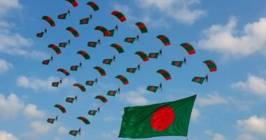 স্বাধীনতার ৫৪ বছর উদযাপনে একসঙ্গে ৫৪ জন প্যারাট্রুপার সর্বাধিক পতাকা হাতে স্কাই ডাইভিং করে বিশ্ব রেকর্ড