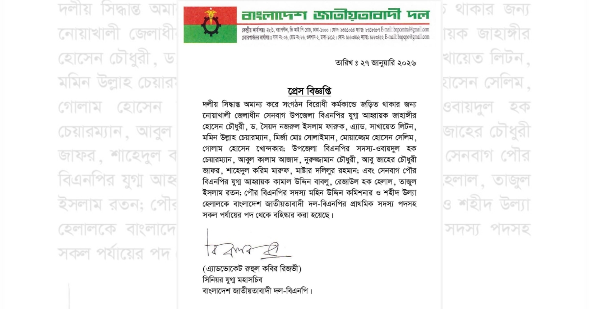 দলীয় শৃঙ্খলা ভঙ্গের অভিযোগে সেনবাগে বিএনপির ১৮ নেতাকর্মী বহিষ্কার