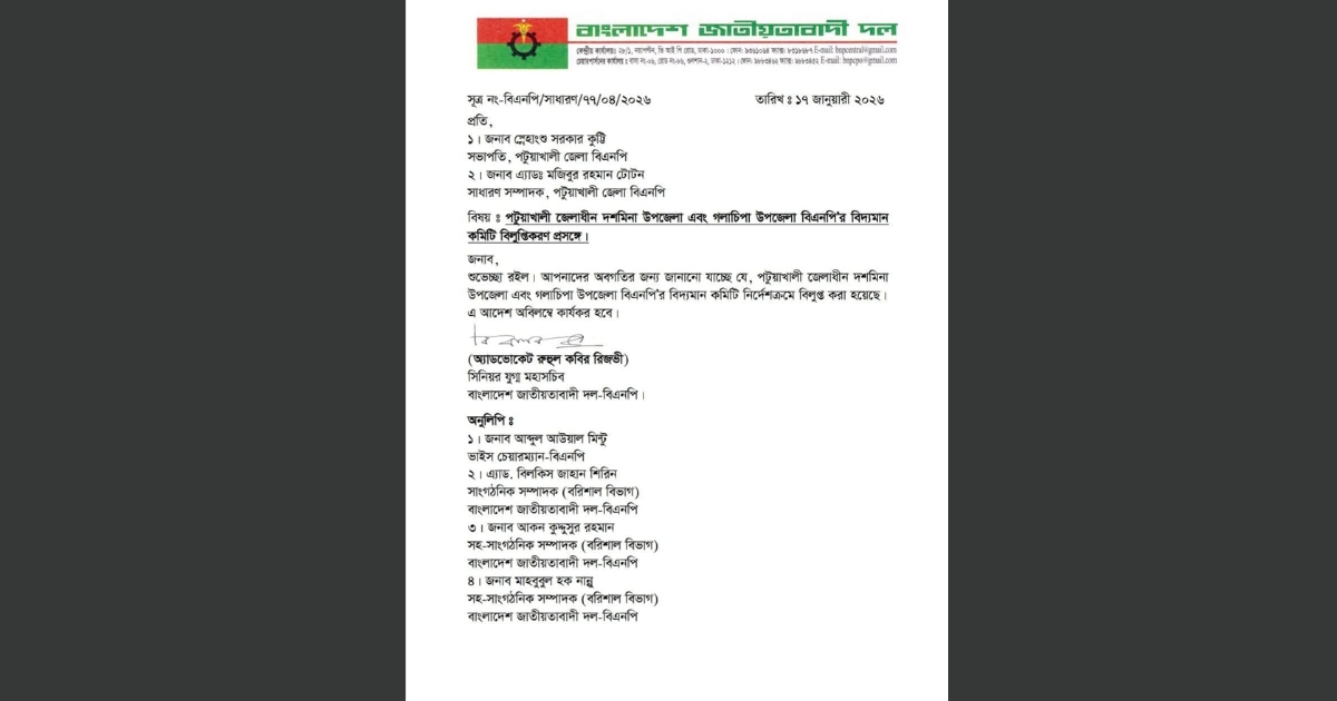 পটুয়াখালী জেলার দুই উপজেলা বিএনপি’র কমিটি বিলুপ্ত