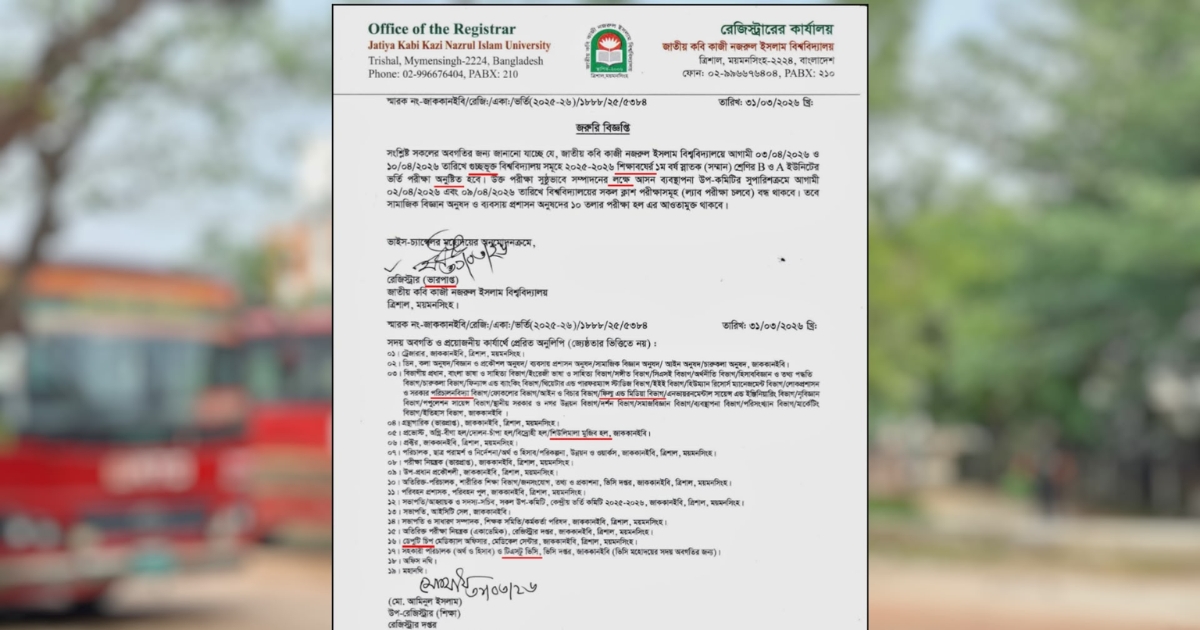 নজরুল বিশ্ববিদ্যালয়ের বিভাগ ও হলের নামসহ ১ বিজ্ঞপ্তিতেই ১০ ভুল