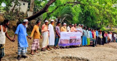 ভূমিদস্যুর হাত থেকে কৃষক মুক্তি চায়, মহিপুরে খাল বন্দোবস্ত ও বাঁধ নির্মাণের প্রতিবাদে কৃষকদের মানববন্ধন