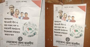 আওয়ামী লীগের নিষেধাজ্ঞা প্রত্যাহারের দাবিতে নেত্রকোনার দেয়ালে পোস্টার লাগানো