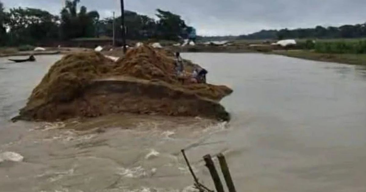 বাঁধ ভেঙে পানি ঢুকছে সুনামগঞ্জের এরনবিল হাওরে